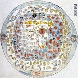 This Ch’onhado (map of all under heaven), was produced in Korea in the 18th century. The map comes from the Buddhist tradition of China with data possibly 2000 years old, although the earliest-known surviving examples date from the sixteenth century.<br/><br/>

From that time, the style gained popularity in Korea, and by the end of the nineteenth century numerous copies existed.<br/><br/>

The structure of the map is simple. A main continent, containing China, Korea, and a number of historically known countries, occupies the center of the circular map, surrounded by an enclosing sea ring, which is itself surrounded by an outer ring of land.